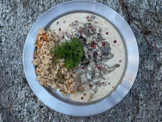 Kronhjortskav med trattkantareller, lök, lingon, grädde och ris